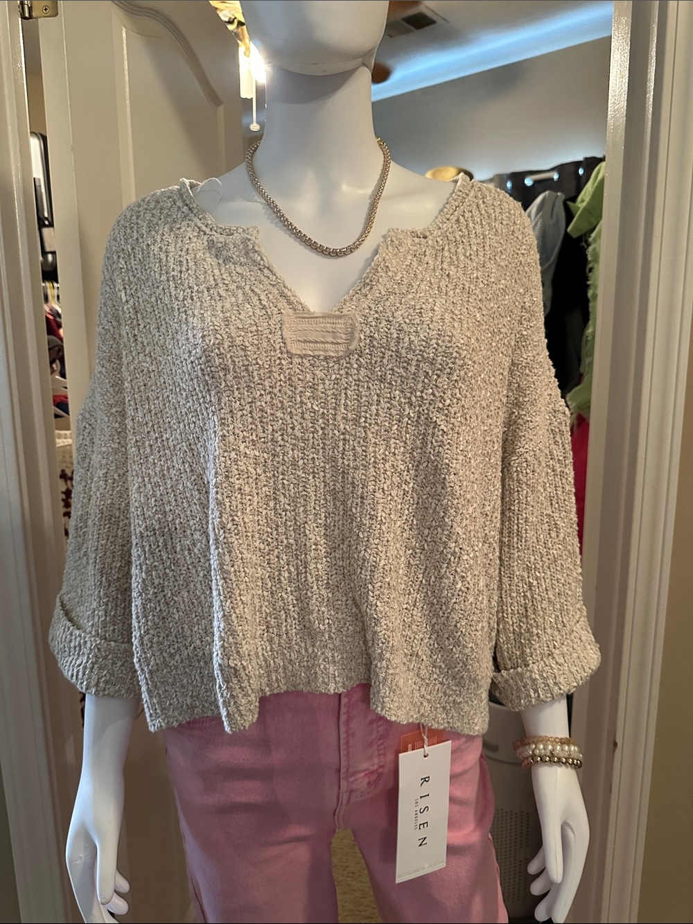 Zenana Outfitters Cream Bouclé V-Neck Pullover